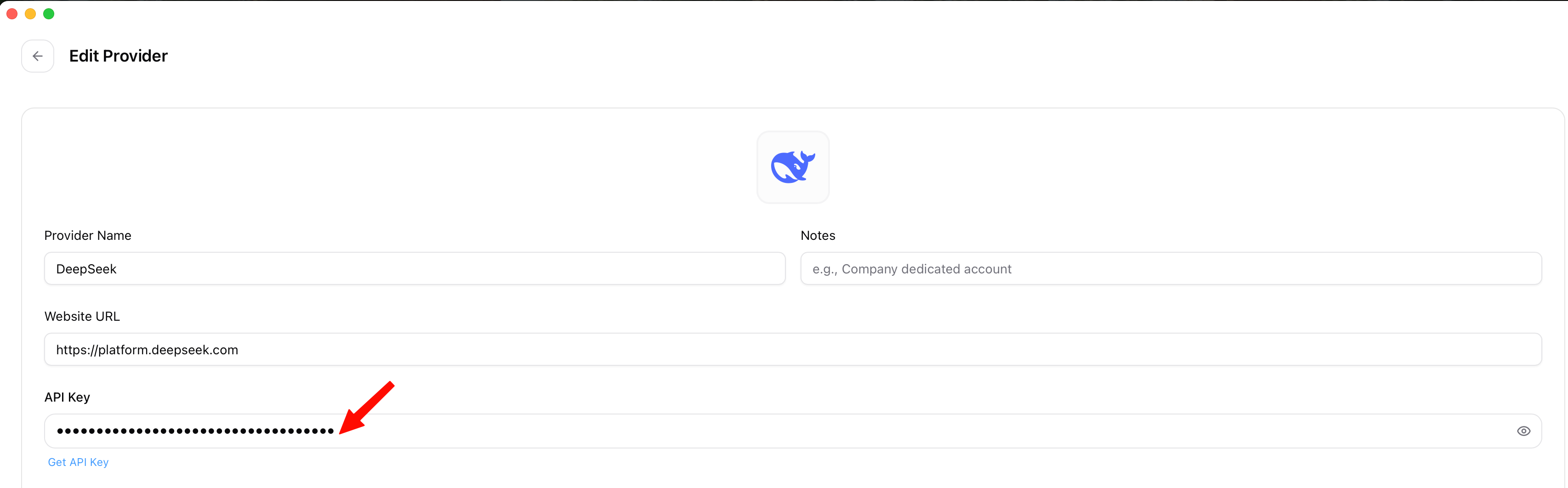 CC Switch DeepSeek provider edit screen with platform URL and a masked API key