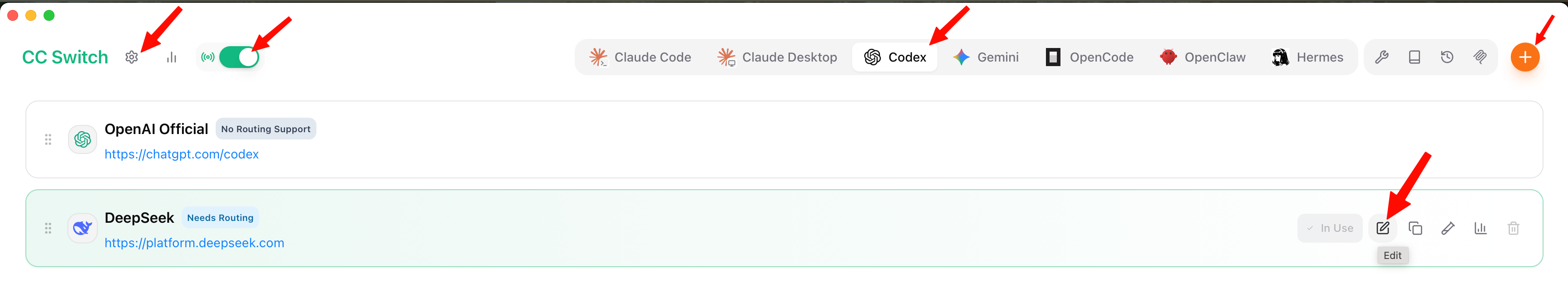 CC Switch provider list with Codex selected and DeepSeek marked as needing routing
