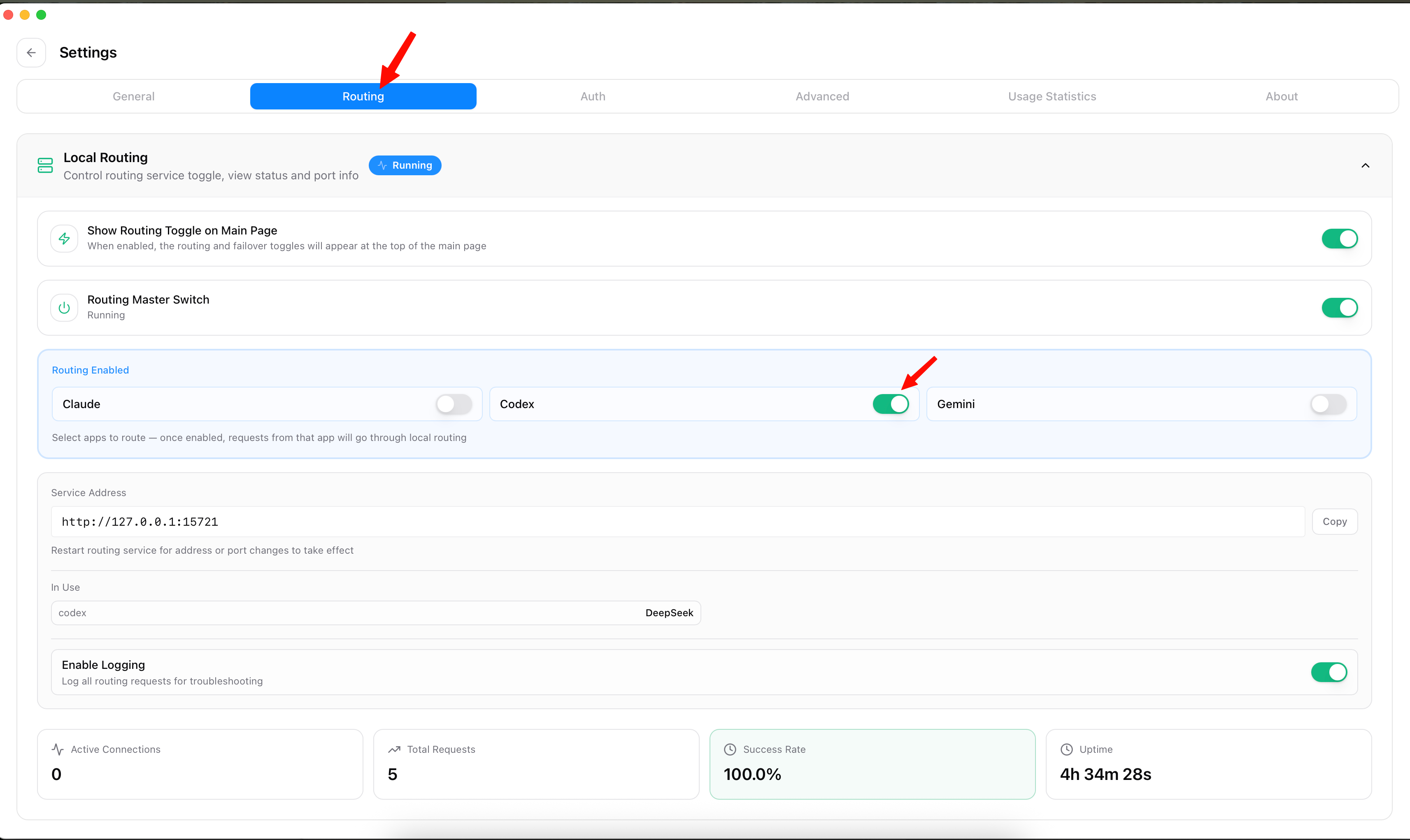 CC Switch routing settings with the routing master switch running and Codex enabled